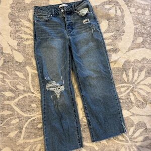 High-Rise Distressed Straight Crop Jeans - Medium Wash Blue